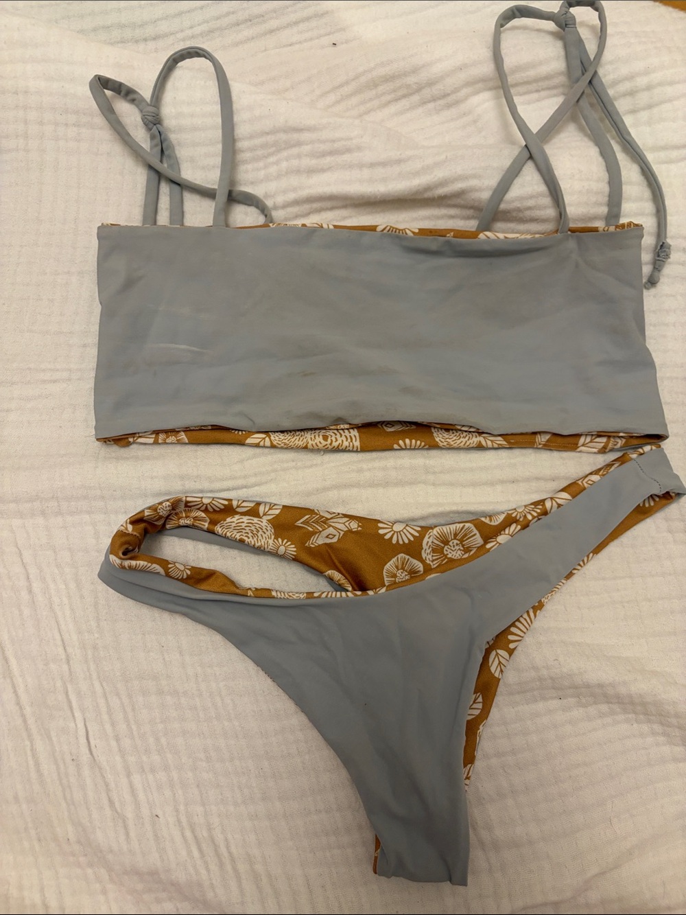 Handmade Reversible Bandeau Bikini set - Light Gray & Mustard Floral
